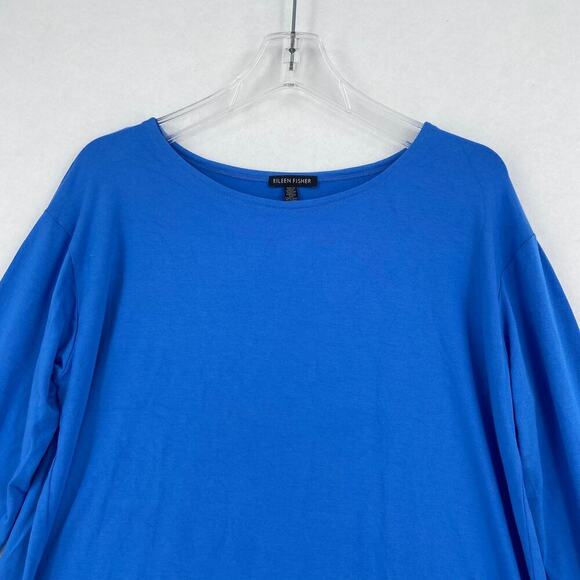 Eileen Fisher Tunic Top Size L Blue Long Sleeve Asymmetric Hem Stretch Knit - Picture 3 of 9